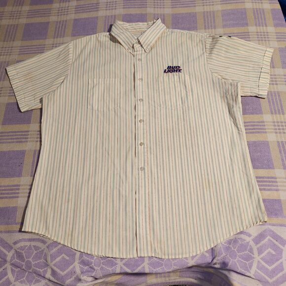Vintage Bud Light Beer Worker Shirt Button USA Union Anheuser Busch Striped - Picture 2 of 10